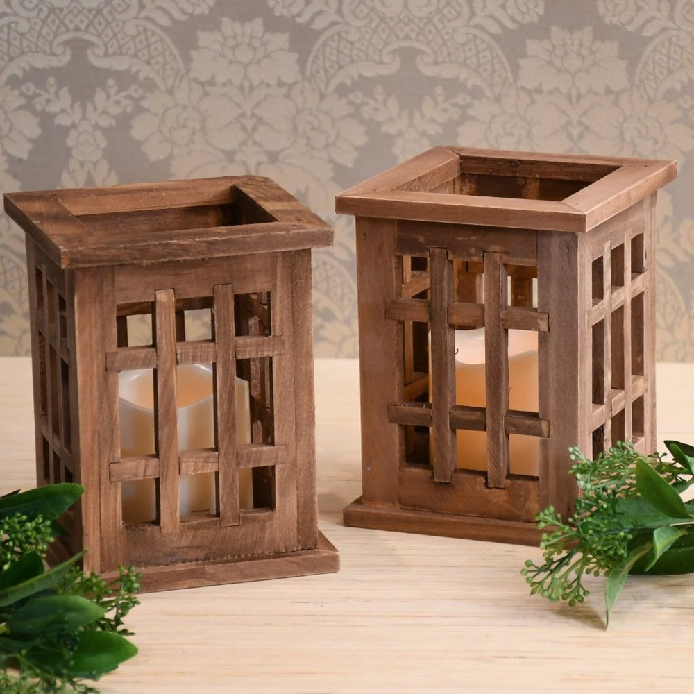 Wooden Lantern with Battery Operated LED Candle